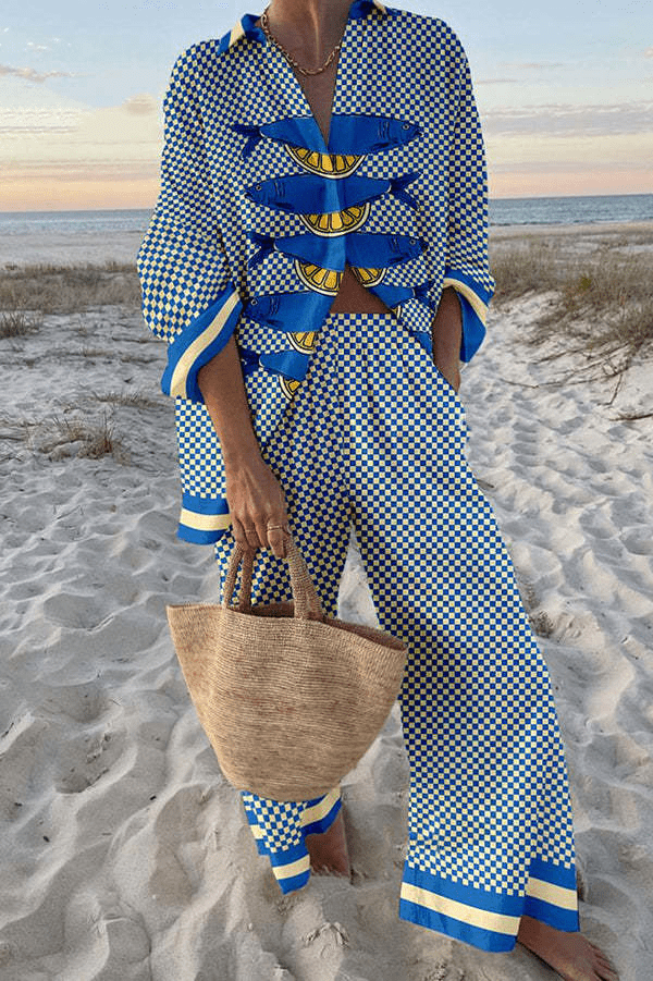 Frida – Grafiskt strandset med mönstrad skjorta och byxor
