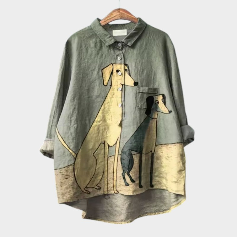 Majken – Elegant linneskjorta med illustrerade hundar